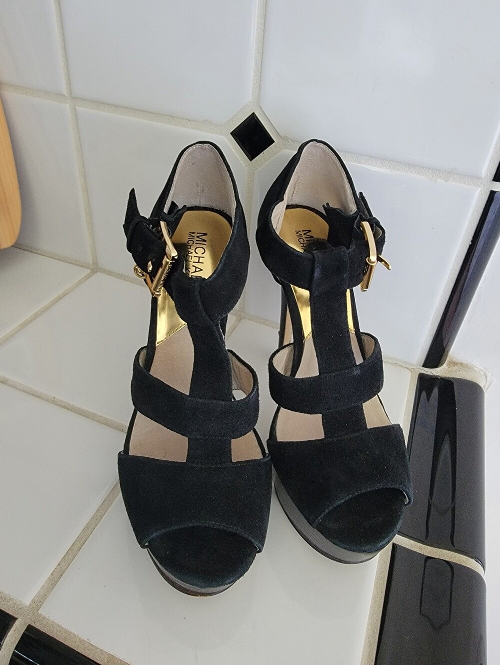 MICHAEL Michael Kors Black Suede T-Strap Heeled Sandals with Gold Buckle